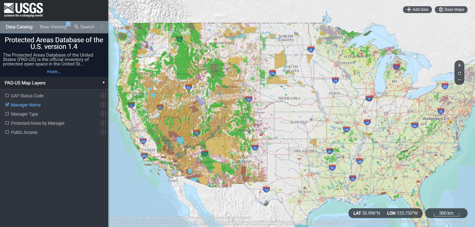 PADUS, map viewer U.S. Geological Survey